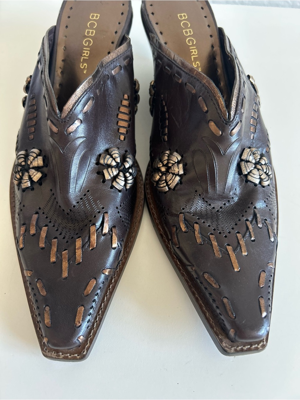 Vintage BCBGirls Brown Leather Western Mules Floral Gold Embroidered, Size 6B/36